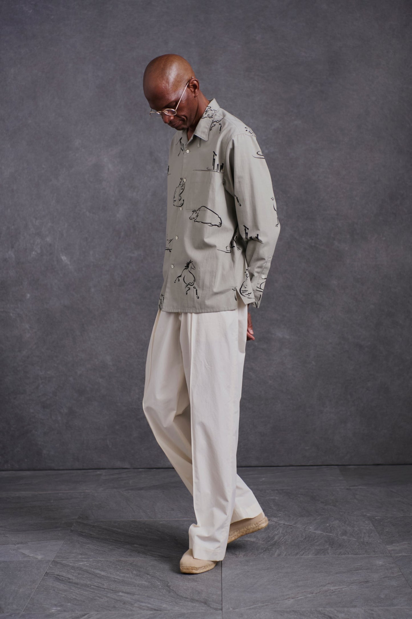 OLD JOE & CO. ORIGINAL PRINTED OPEN COLLAR SHIRTS (Animal Drawing) Long-sleeve