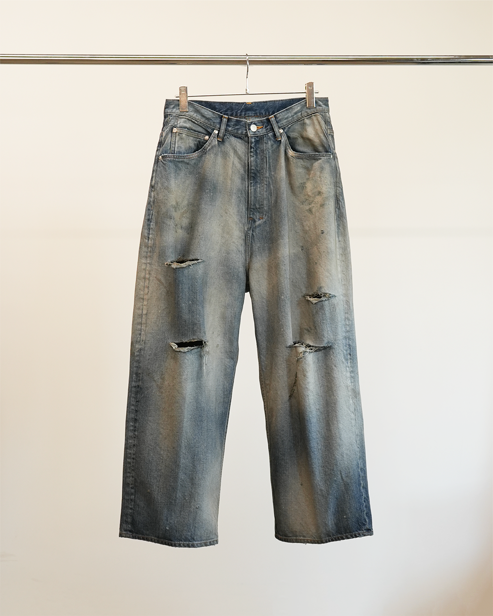 ANCELLM DAMAGE WIDE 5P DENIM PANTS (INDIGO)