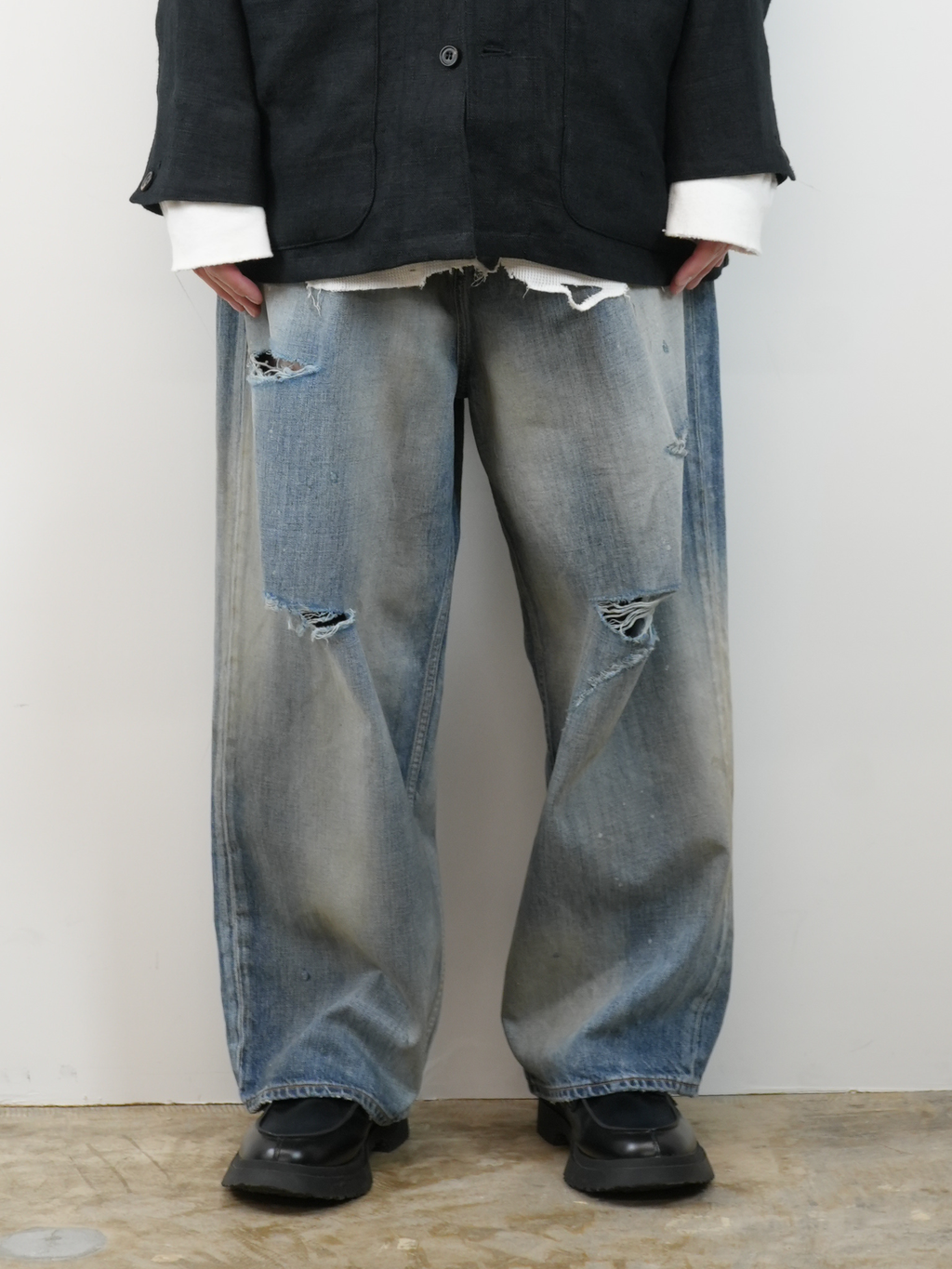 ANCELLM DAMAGE WIDE 5P DENIM PANTS (INDIGO)