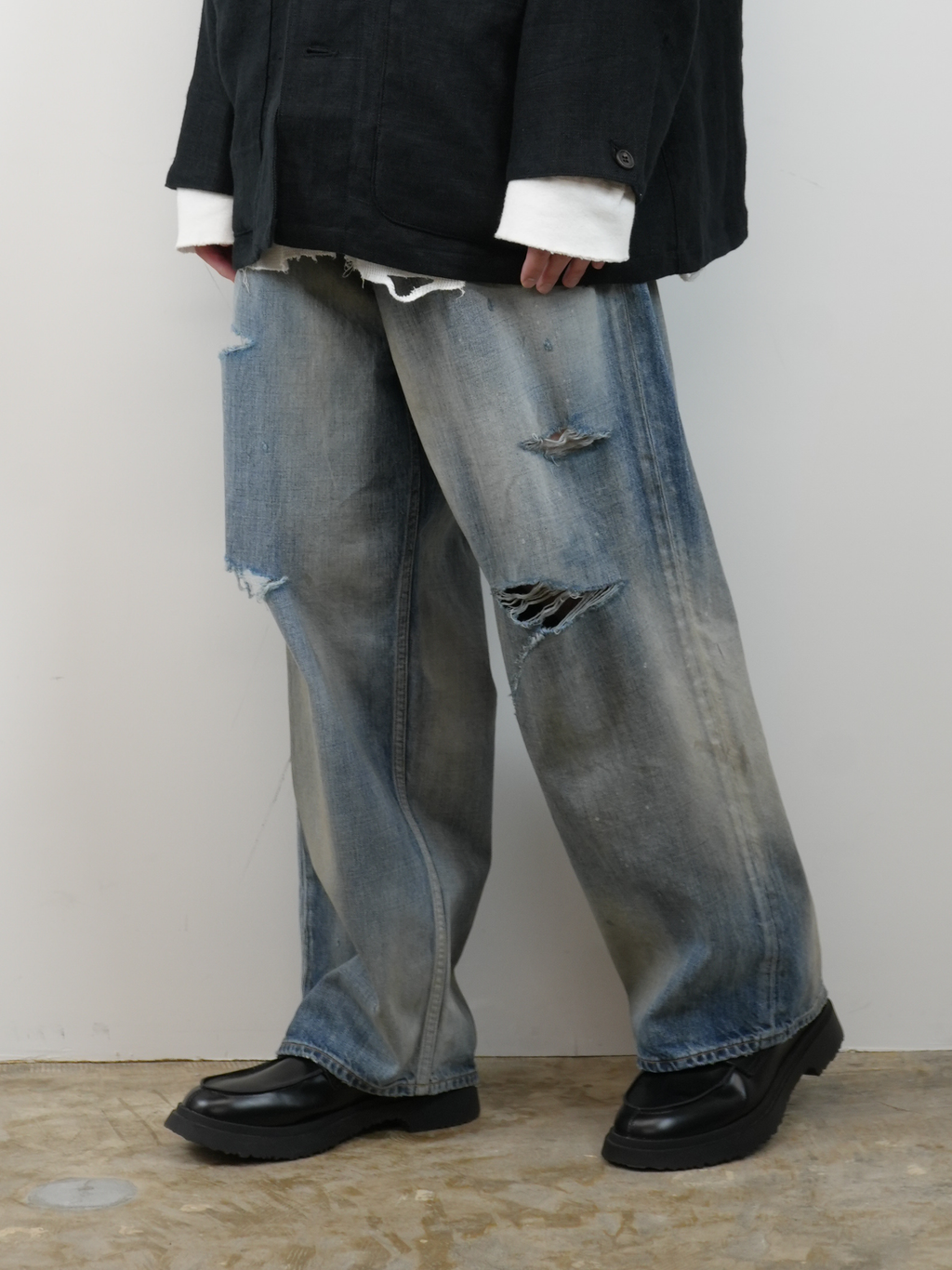 ANCELLM DAMAGE WIDE 5P DENIM PANTS (INDIGO)