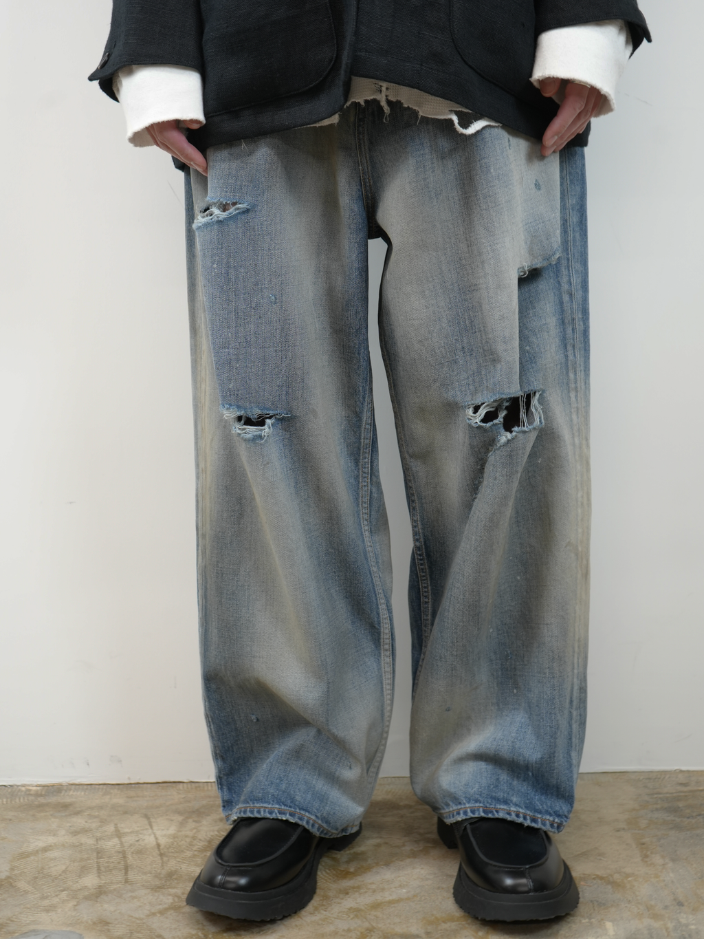ANCELLM DAMAGE WIDE 5P DENIM PANTS (INDIGO)