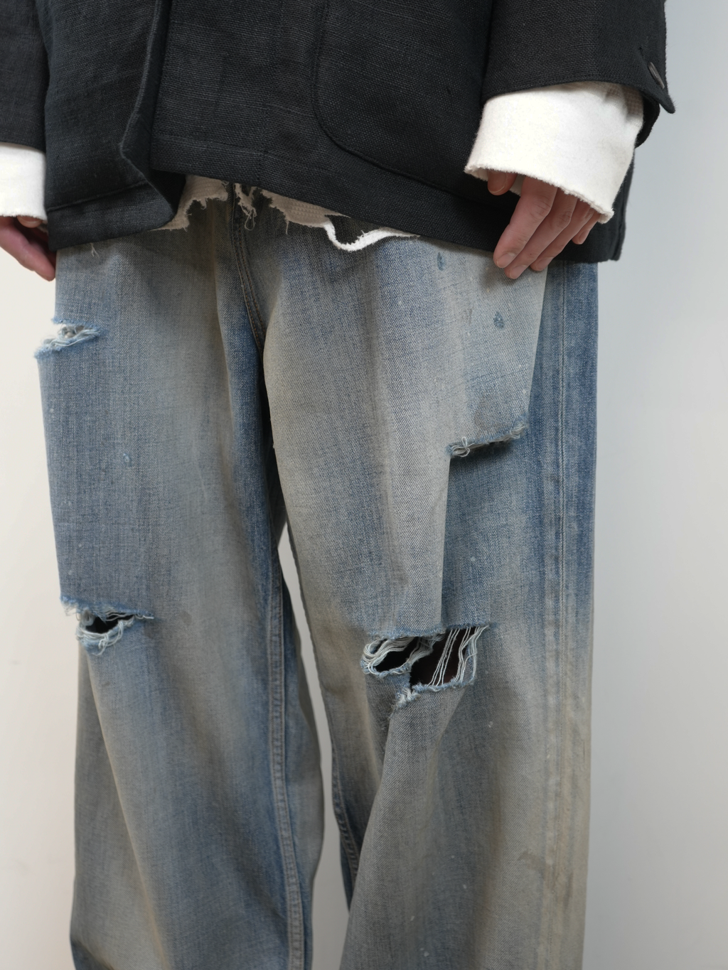 ANCELLM DAMAGE WIDE 5P DENIM PANTS (INDIGO)