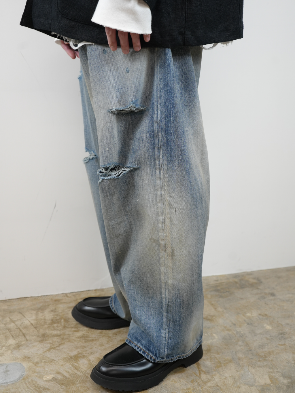 ANCELLM DAMAGE WIDE 5P DENIM PANTS (INDIGO)