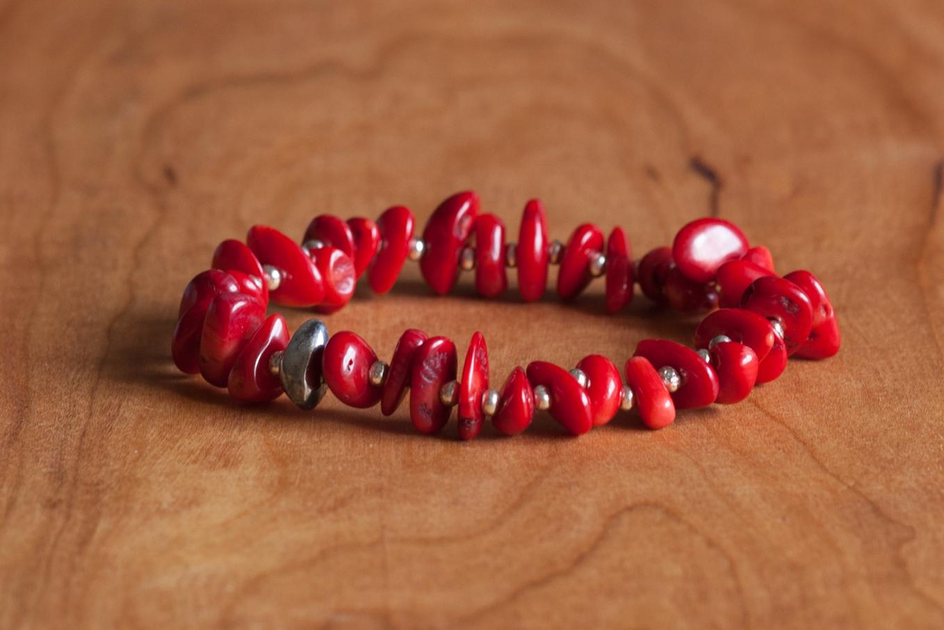 SunKu 39 Large White Coral and Silver Bracelet Red SK-032-RED